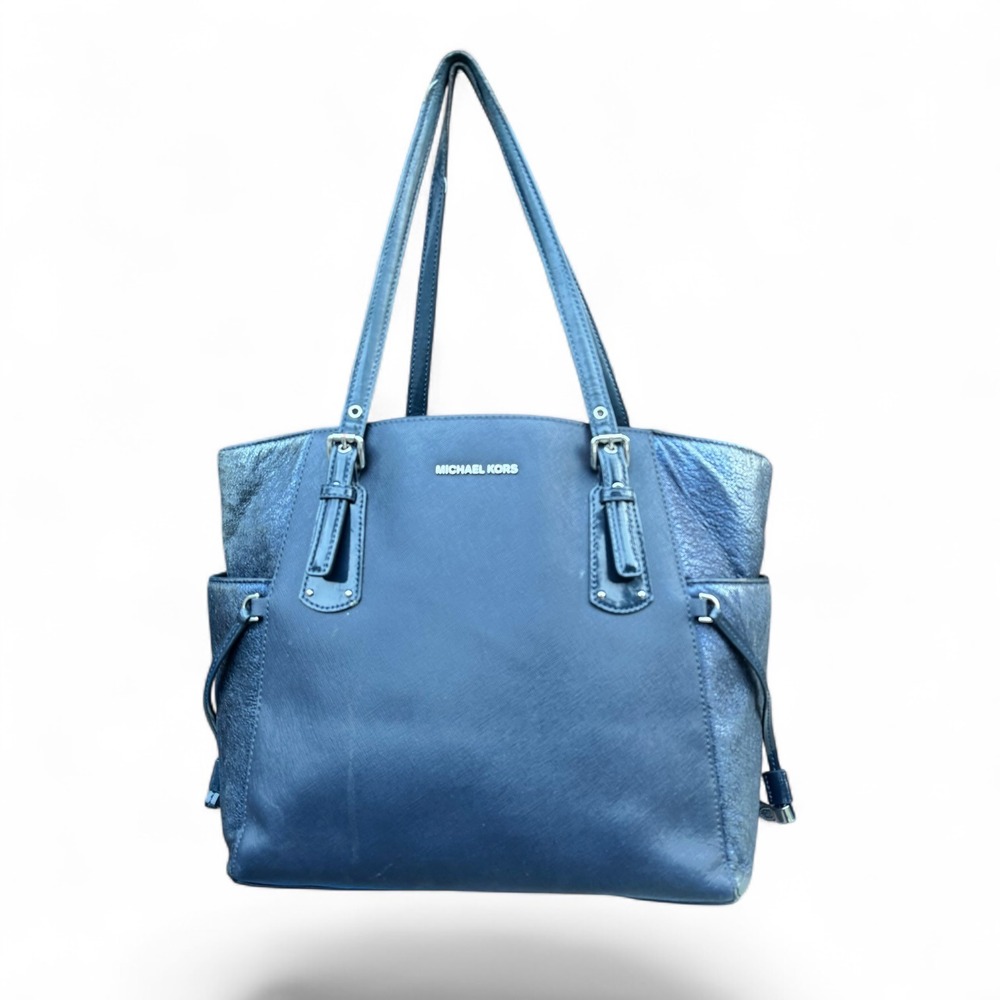 Michael Kors Voyager Navy Blue Saffiano Metallic Leather Tote Shoulder Bag